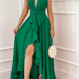 Elegant deep v-neck maxi dress royal blue side angle