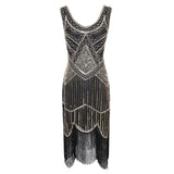Robe Gatsby 1920 femme | Robe flapper à sequins | Robe soirée à franges | Robe sans manches chic | Robe col en V soirée | Robe à perles Gatsby | Robe rétro soirée femme | Robe franges sans manches | Robe à sequins élégante | Robe vintage Gatsby femme