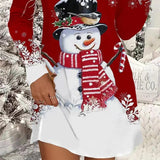 Robe de Noël femme élégante avec imprimé bonhomme de neige chic pour les fêtes de fin d'année.