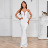 Robe blanche sequins | Robe soirée bretelles | Robe maxi col V | Robe pailletée femme | Robe blanche glamour | Robe de fête longue | Robe sexy sequins | Robe blanche élégante | Robe soirée col V | Robe femme paillettes