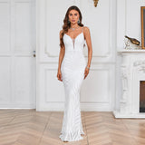 Robe blanche sequins | Robe soirée bretelles | Robe maxi col V | Robe pailletée femme | Robe blanche glamour | Robe de fête longue | Robe sexy sequins | Robe blanche élégante | Robe soirée col V | Robe femme paillettes