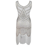 Robe Gatsby 1920 femme | Robe flapper à sequins | Robe soirée à franges | Robe sans manches chic | Robe col en V soirée | Robe à perles Gatsby | Robe rétro soirée femme | Robe franges sans manches | Robe à sequins élégante | Robe vintage Gatsby femme