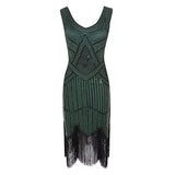 Robe Gatsby 1920 femme | Robe flapper à sequins | Robe soirée à franges | Robe sans manches chic | Robe col en V soirée | Robe à perles Gatsby | Robe rétro soirée femme | Robe franges sans manches | Robe à sequins élégante | Robe vintage Gatsby femme