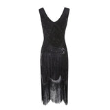 Robe Gatsby 1920 femme | Robe flapper à sequins | Robe soirée à franges | Robe sans manches chic | Robe col en V soirée | Robe à perles Gatsby | Robe rétro soirée femme | Robe franges sans manches | Robe à sequins élégante | Robe vintage Gatsby femme