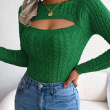 Women'S Sexy Hollow-Out Knit Pullover Sweater, Long Sleeve Crew Neck, Skinny Fit, Acrylic Blend (Polyester 28%, Polyamide 22%, Viscose 28%), High Stretch Fabric, Solid Color, Spring/Fall Fashion Top