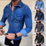 Chemise homme jean manches longues | Chemise denim slim homme | Chemise homme coton doux | Chemise en jean printemps automne | Chemise homme élastique denim | Chemise homme deux poches | Chemise jean ajustée homme | Chemise denim col classique homme | Chemise homme mode casual | Chemise homme jean extensible