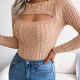Women'S Sexy Hollow-Out Knit Pullover Sweater, Long Sleeve Crew Neck, Skinny Fit, Acrylic Blend (Polyester 28%, Polyamide 22%, Viscose 28%), High Stretch Fabric, Solid Color, Spring/Fall Fashion Top