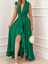 Elegant deep v-neck maxi dress flowing skirt