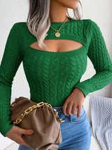 Women'S Sexy Hollow-Out Knit Pullover Sweater, Long Sleeve Crew Neck, Skinny Fit, Acrylic Blend (Polyester 28%, Polyamide 22%, Viscose 28%), High Stretch Fabric, Solid Color, Spring/Fall Fashion Top