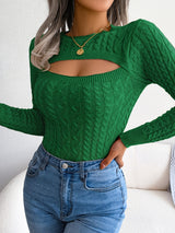 Women'S Sexy Hollow-Out Knit Pullover Sweater, Long Sleeve Crew Neck, Skinny Fit, Acrylic Blend (Polyester 28%, Polyamide 22%, Viscose 28%), High Stretch Fabric, Solid Color, Spring/Fall Fashion Top