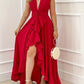 Elegant deep v-neck maxi dress asymmetrical hem detail
