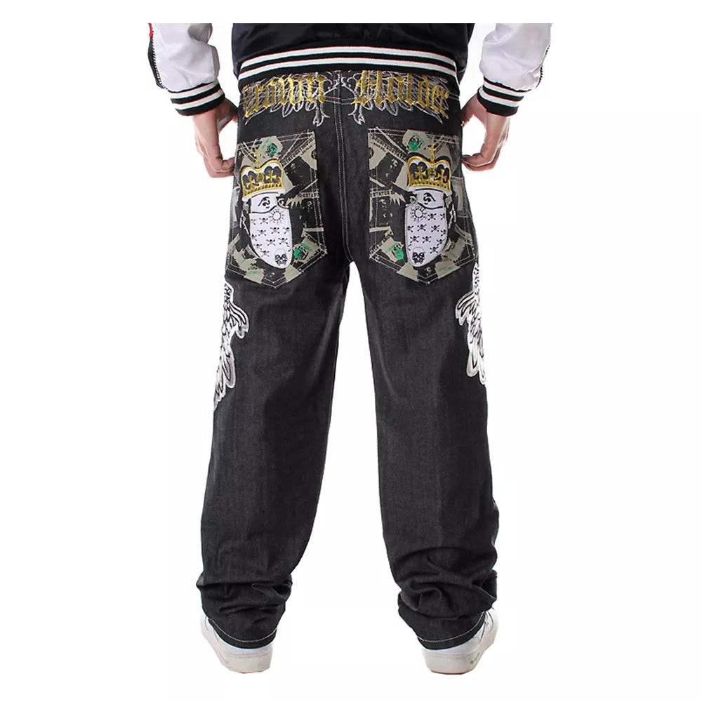 Jean hip hop homme baggy | Pantalon streetwear ample | Jean grande taille homme | Jean baggy motif tête de mort | Jean ailes de faucon homme | Jean couronne et lettres | Jean streetwear grande taille | Jean mode homme décontracté | Jean graphique homme ample | Jean hip hop tête de mort