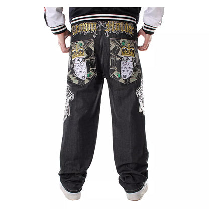 Jean hip hop homme baggy | Pantalon streetwear ample | Jean grande taille homme | Jean baggy motif tête de mort | Jean ailes de faucon homme | Jean couronne et lettres | Jean streetwear grande taille | Jean mode homme décontracté | Jean graphique homme ample | Jean hip hop tête de mort