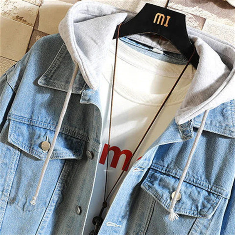 Veste en Jean hommes à capuche décontracté hommes Jean vestes Streetwear couleur unie col rabattu Denim manteaux hommes vestes chapeau détachable
