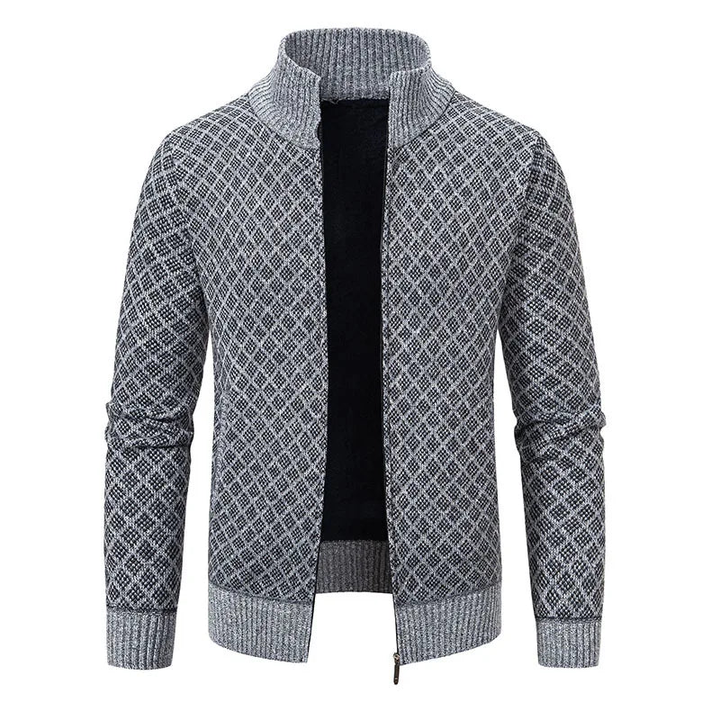 Men Sweater Knitwear Cardigan Autumn Winter New Warm Plaid Stand Collar Jacket Hooded Coat Men Clothing