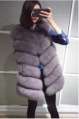 Gilet en fourrure de renard naturelle rayé blanc