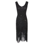 Robe Gatsby 1920 femme | Robe flapper à sequins | Robe soirée à franges | Robe sans manches chic | Robe col en V soirée | Robe à perles Gatsby | Robe rétro soirée femme | Robe franges sans manches | Robe à sequins élégante | Robe vintage Gatsby femme

