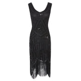 Robe Gatsby 1920 femme | Robe flapper à sequins | Robe soirée à franges | Robe sans manches chic | Robe col en V soirée | Robe à perles Gatsby | Robe rétro soirée femme | Robe franges sans manches | Robe à sequins élégante | Robe vintage Gatsby femme

