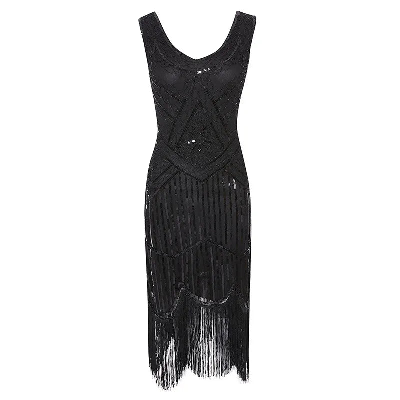 Robe Gatsby 1920 femme | Robe flapper à sequins | Robe soirée à franges | Robe sans manches chic | Robe col en V soirée | Robe à perles Gatsby | Robe rétro soirée femme | Robe franges sans manches | Robe à sequins élégante | Robe vintage Gatsby femme

