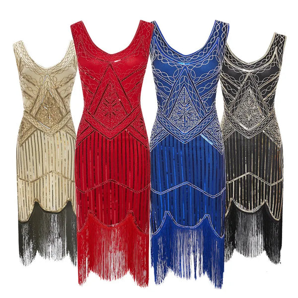 Robe Gatsby 1920 femme | Robe flapper à sequins | Robe soirée à franges | Robe sans manches chic | Robe col en V soirée | Robe à perles Gatsby | Robe rétro soirée femme | Robe franges sans manches | Robe à sequins élégante | Robe vintage Gatsby femme

