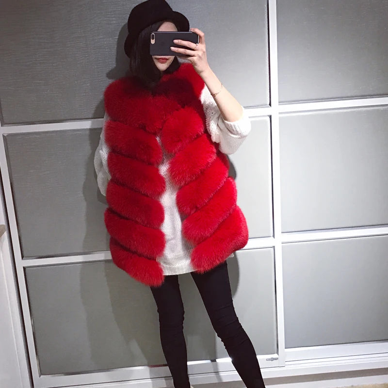 Gilet en fourrure de renard naturelle ample sans manches
