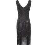 Robe Gatsby 1920 femme | Robe flapper à sequins | Robe soirée à franges | Robe sans manches chic | Robe col en V soirée | Robe à perles Gatsby | Robe rétro soirée femme | Robe franges sans manches | Robe à sequins élégante | Robe vintage Gatsby femme

