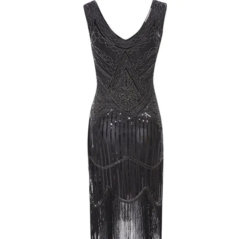 Robe Gatsby 1920 femme | Robe flapper à sequins | Robe soirée à franges | Robe sans manches chic | Robe col en V soirée | Robe à perles Gatsby | Robe rétro soirée femme | Robe franges sans manches | Robe à sequins élégante | Robe vintage Gatsby femme

