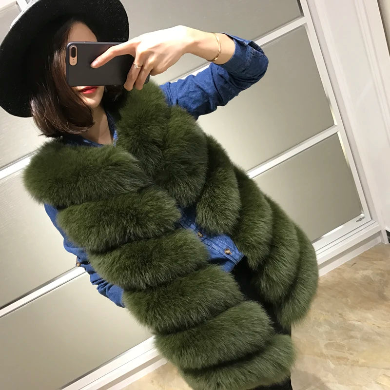 Gilet en fourrure de renard naturelle rayé blanc