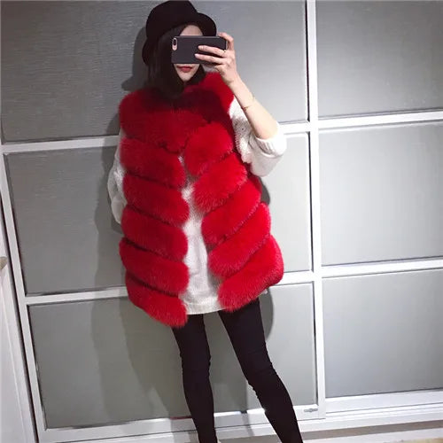 Gilet en fourrure de renard naturelle ample sans manches