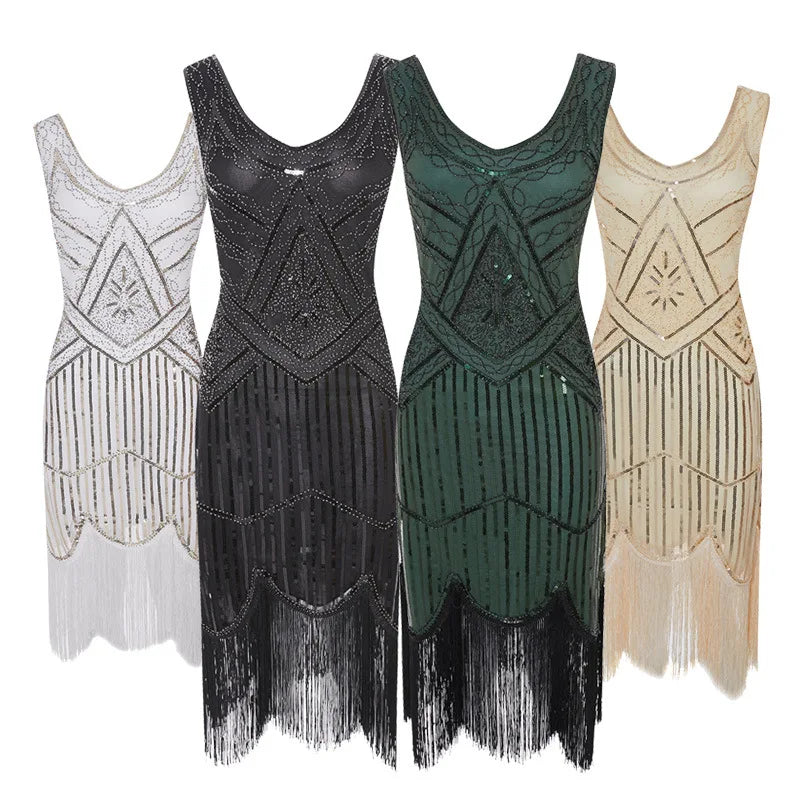 Robe Gatsby 1920 femme | Robe flapper à sequins | Robe soirée à franges | Robe sans manches chic | Robe col en V soirée | Robe à perles Gatsby | Robe rétro soirée femme | Robe franges sans manches | Robe à sequins élégante | Robe vintage Gatsby femme

