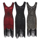 Robe Gatsby 1920 femme | Robe flapper à sequins | Robe soirée à franges | Robe sans manches chic | Robe col en V soirée | Robe à perles Gatsby | Robe rétro soirée femme | Robe franges sans manches | Robe à sequins élégante | Robe vintage Gatsby femme

