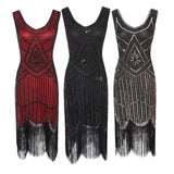 Robe Gatsby 1920 femme | Robe flapper à sequins | Robe soirée à franges | Robe sans manches chic | Robe col en V soirée | Robe à perles Gatsby | Robe rétro soirée femme | Robe franges sans manches | Robe à sequins élégante | Robe vintage Gatsby femme


