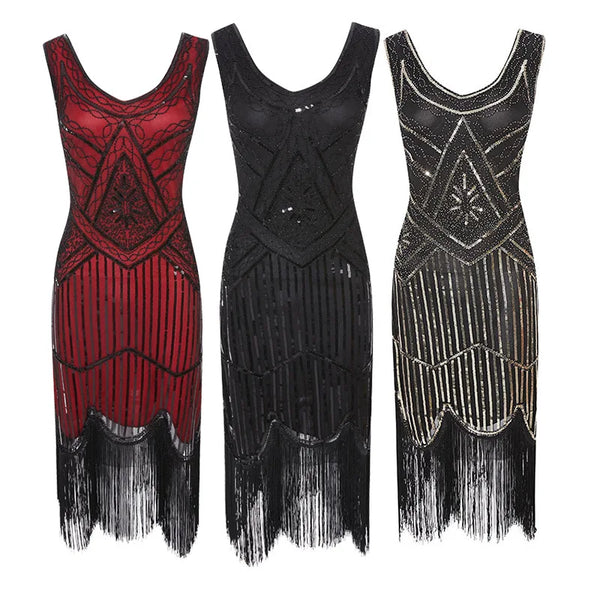 Robe Gatsby 1920 femme | Robe flapper à sequins | Robe soirée à franges | Robe sans manches chic | Robe col en V soirée | Robe à perles Gatsby | Robe rétro soirée femme | Robe franges sans manches | Robe à sequins élégante | Robe vintage Gatsby femme


