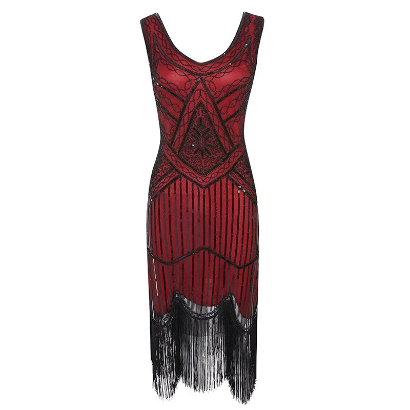 Robe Gatsby 1920 femme | Robe flapper à sequins | Robe soirée à franges | Robe sans manches chic | Robe col en V soirée | Robe à perles Gatsby | Robe rétro soirée femme | Robe franges sans manches | Robe à sequins élégante | Robe vintage Gatsby femme

