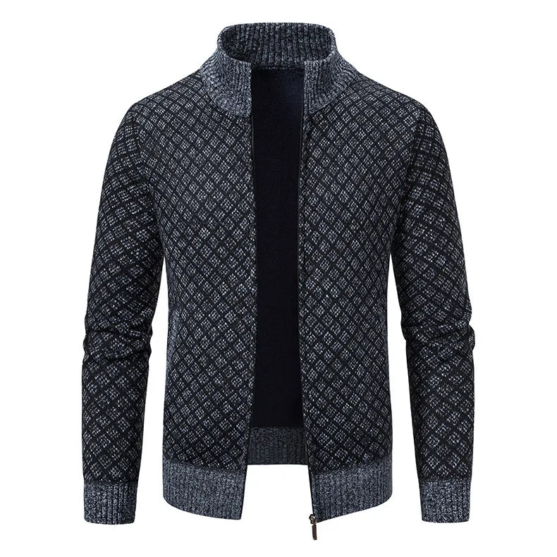 Men Sweater Knitwear Cardigan Autumn Winter New Warm Plaid Stand Collar Jacket Hooded Coat Men Clothing