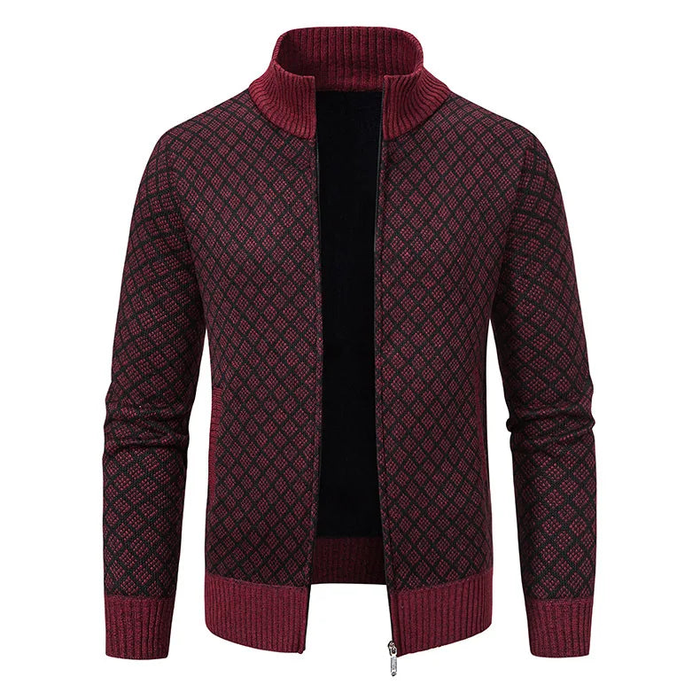 Men Sweater Knitwear Cardigan Autumn Winter New Warm Plaid Stand Collar Jacket Hooded Coat Men Clothing