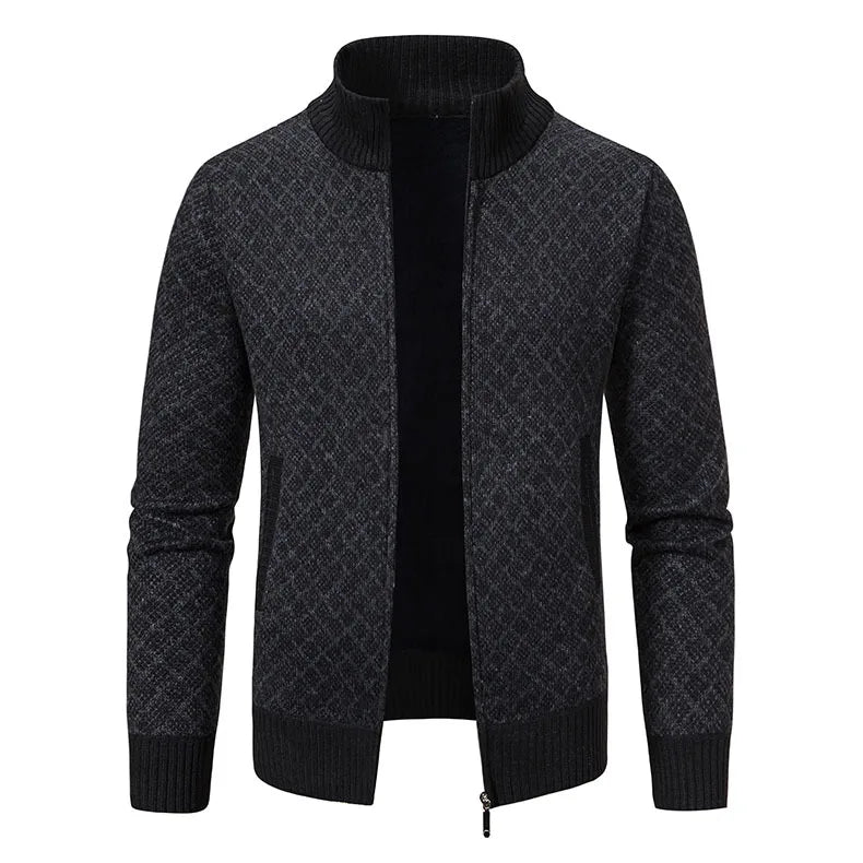 Men Sweater Knitwear Cardigan Autumn Winter New Warm Plaid Stand Collar Jacket Hooded Coat Men Clothing
