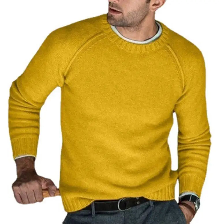 Men’s sweater slim knit pullover for male youth in vibrant yellow color, ideal for casual outings and stylish layering.