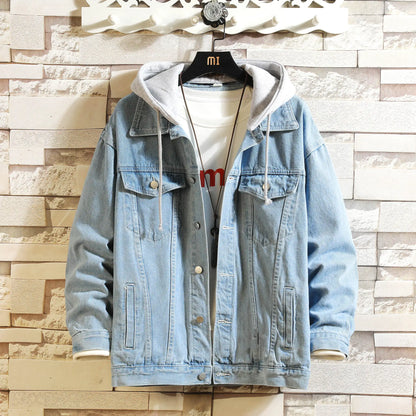 Veste en Jean hommes à capuche décontracté hommes Jean vestes Streetwear couleur unie col rabattu Denim manteaux hommes vestes chapeau détachable