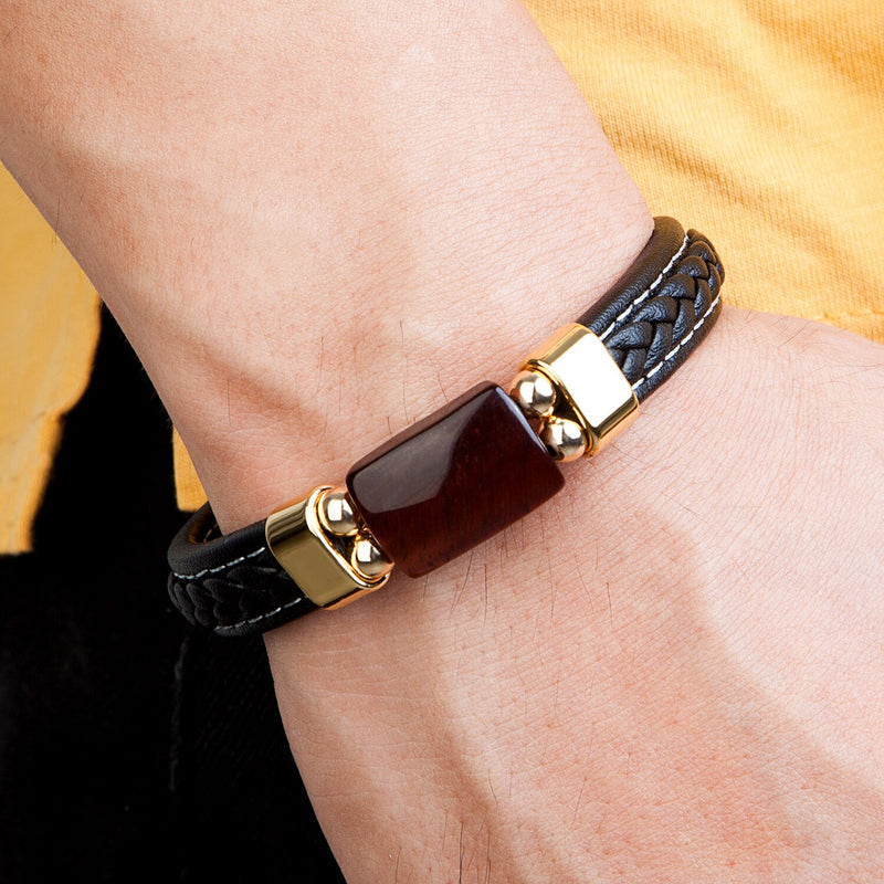 Bracelet homme œil de tigre | Bracelet pierre naturelle homme | Bracelet cuir tressé noir | Bracelet géométrique homme | Bijoux homme pierre naturelle | Bracelet œil de tigre noir | Bracelet cuir homme cadeau | Bracelet naturel pierre tigre | Bracelet homme design géométrique | Bracelet homme cuir tressé pierre