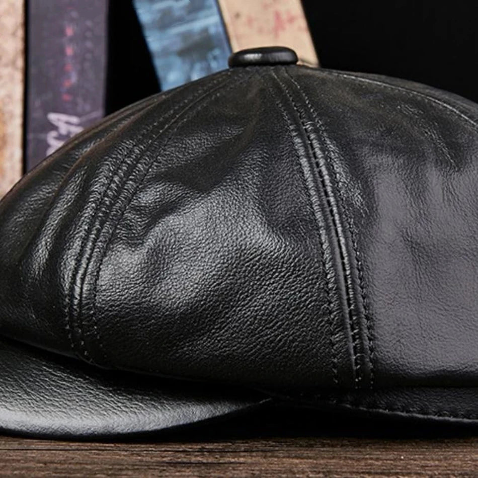 Chapeaux hommes 2025 hiver 100% Casquette chaude en cuir véritable béret masculin peintre Boina peau de vache Casquette octogonale haute qualité Streetwear