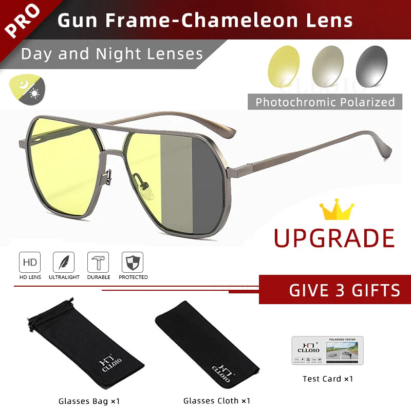 Lunettes de conduite anti-éblouissement CLLOIO avec monture en aluminium et verres photochromiques pour jour et nuit.