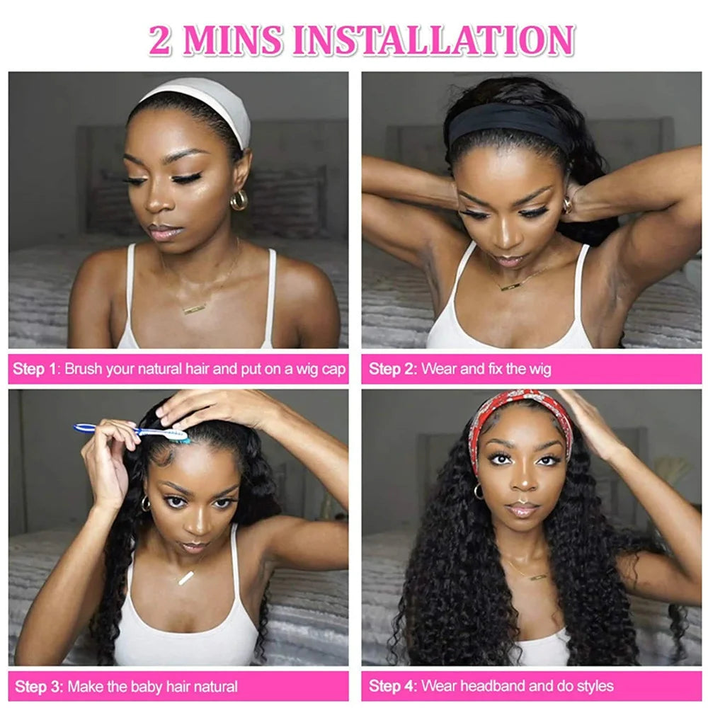 Perruque cheveux naturels avec bandeau intégré, facile à porter, style confortable et élégant, idéale pour un look naturel sans colle ni dentelle.