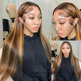 Perruque 32 pouces mèches 4/27 en cheveux humains Remy, longue et lisse, lace front pré-plucked, style lumineux et naturel, facile à coiffer.