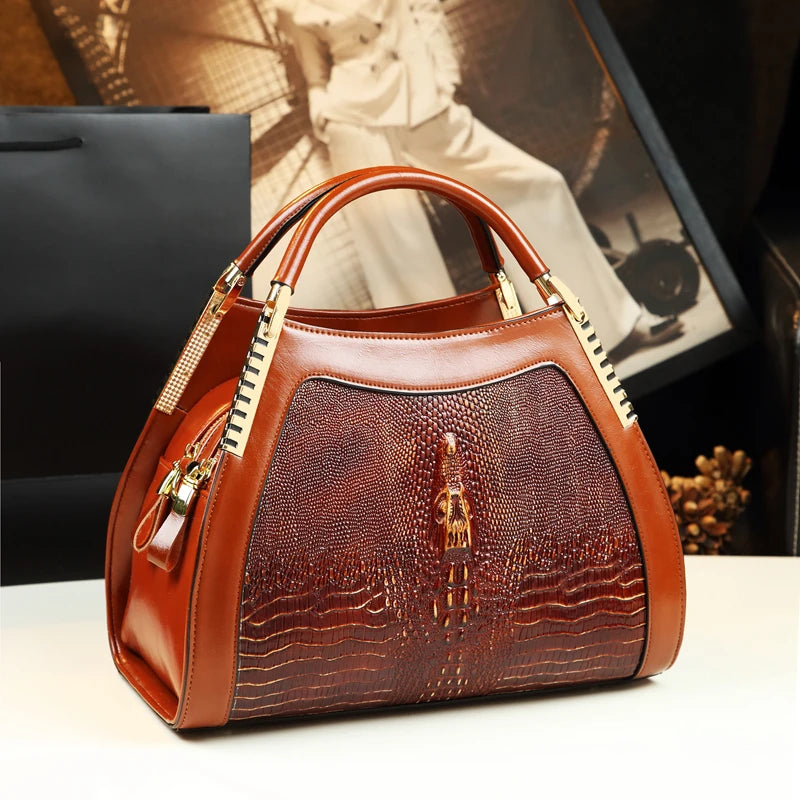 Sacs à main en cuir véritable motif Crocodile pour femmes d'âge moyen, sacoche à bandoulière multicouche, grands sacs