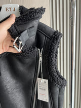 Veste en simili cuir pour femmes avec doublure en taffetas-2024 nouveau produit veste en cuir chaud avec col en fourrure Teddy pour femmes