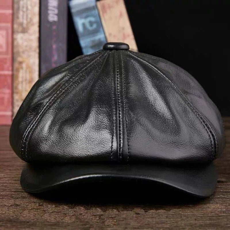 Chapeaux hommes 2025 hiver 100% Casquette chaude en cuir véritable béret masculin peintre Boina peau de vache Casquette octogonale haute qualité Streetwear