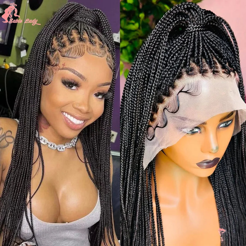 Perruques tressées Afro Cornrow synthétiques pleine dentelle, boîte sans nœuds, perruque tressée pour femmes noires, 36 pouces, perruque tressée de déesse faite à la main