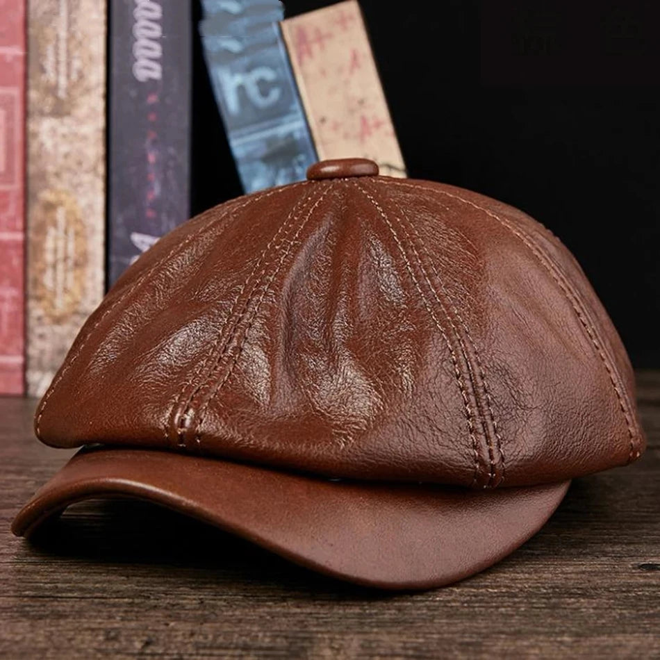 Chapeaux hommes 2025 hiver 100% Casquette chaude en cuir véritable béret masculin peintre Boina peau de vache Casquette octogonale haute qualité Streetwear