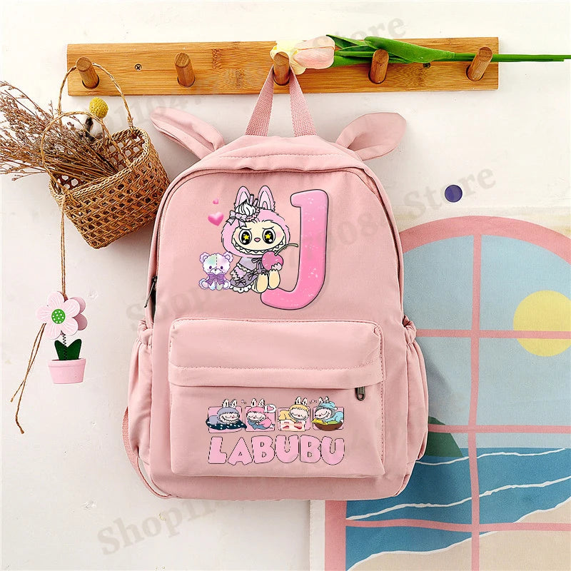 Sac à dos Labubu | Cartable avec oreilles de lapin | Sac étudiant dessin animé | Sac à dos lettres A-Z | Sac à dos scolaire pour enfants | Sac à livres garçon fille | Sac cadeau Labubu | Sac de rangement pour fournitures scolaires | Joli cartable | Sac cartoon à la mode